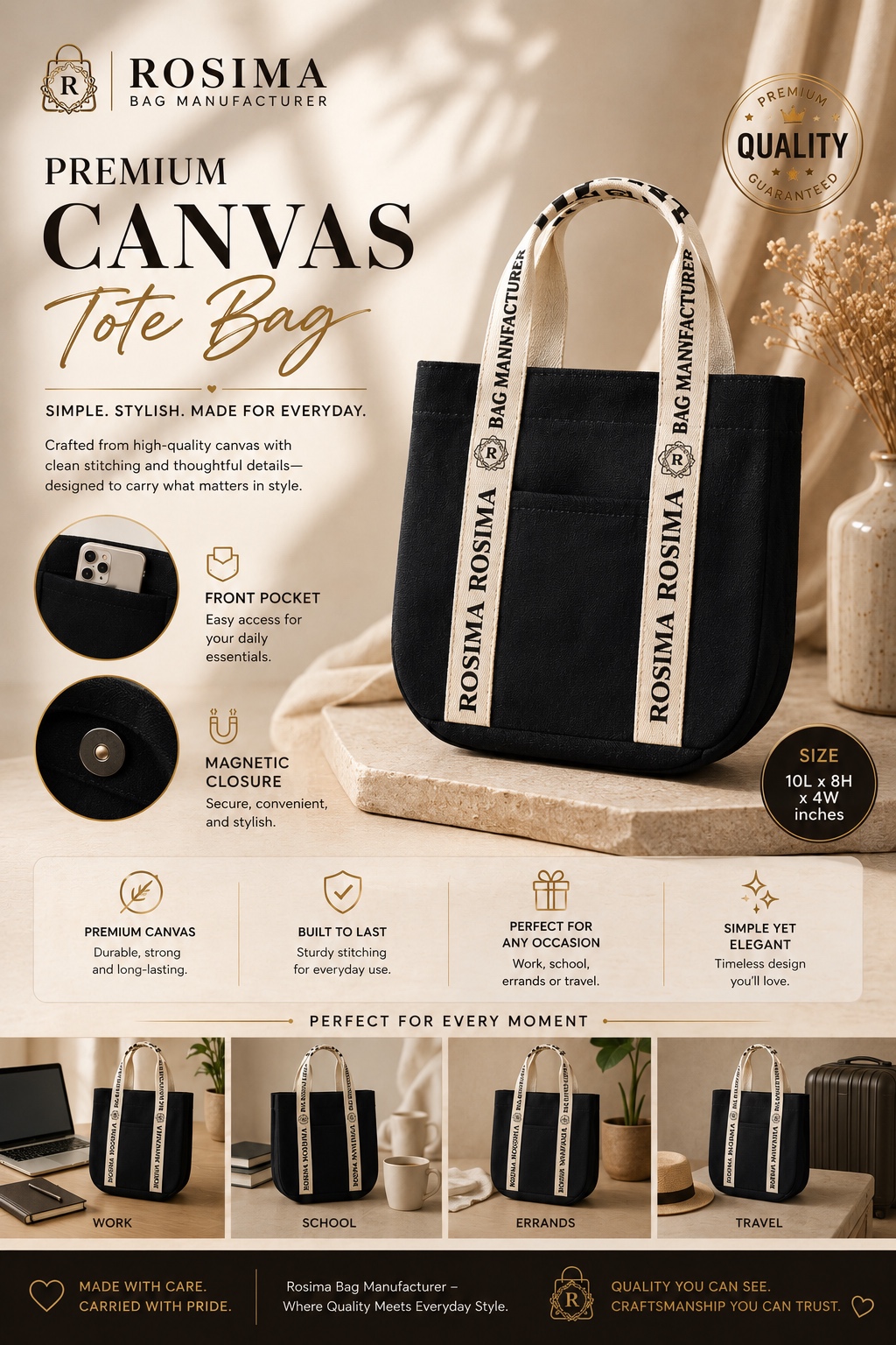 Black premium canvas tote bag with printed Rosima handles