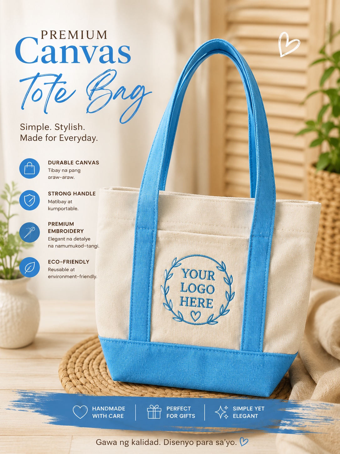 Blue and cream two-tone canvas tote bag with embroidery