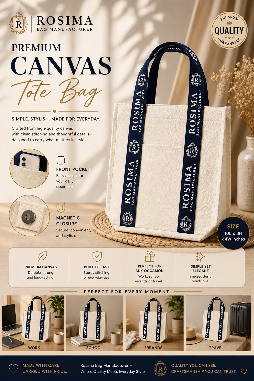 Cream premium canvas tote bag with navy printed handles