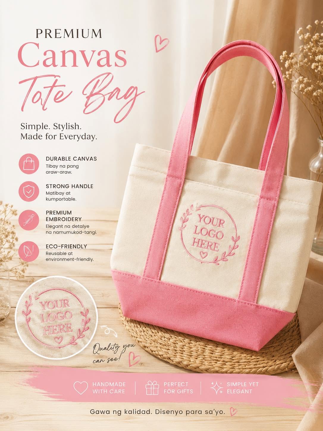 Pink and cream two-tone canvas tote bag with embroidery